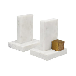 Pair Of White Marble Bookends With Brass Square Detail