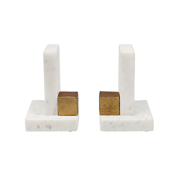 Pair Of White Marble Bookends With Brass Square Detail