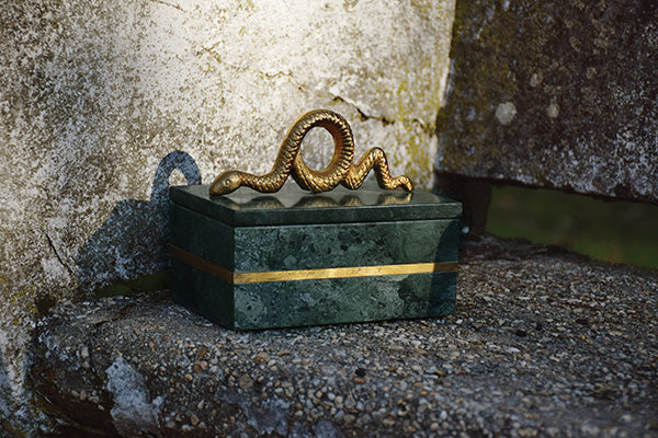 Green Marble Box With Brushed Brass Detail And Brass Snake Handle