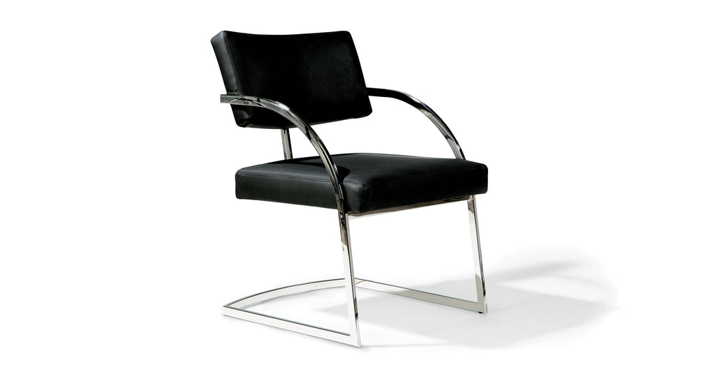 Bob Dining Chair In Black Leather With Polished Stainless Steel Legs