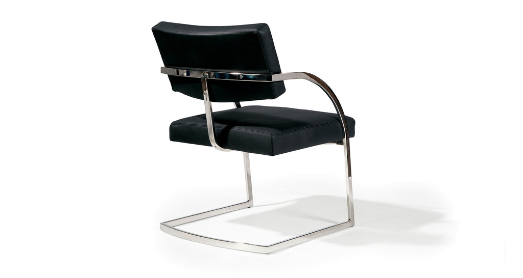 Bob Dining Chair In Black Leather With Polished Stainless Steel Legs