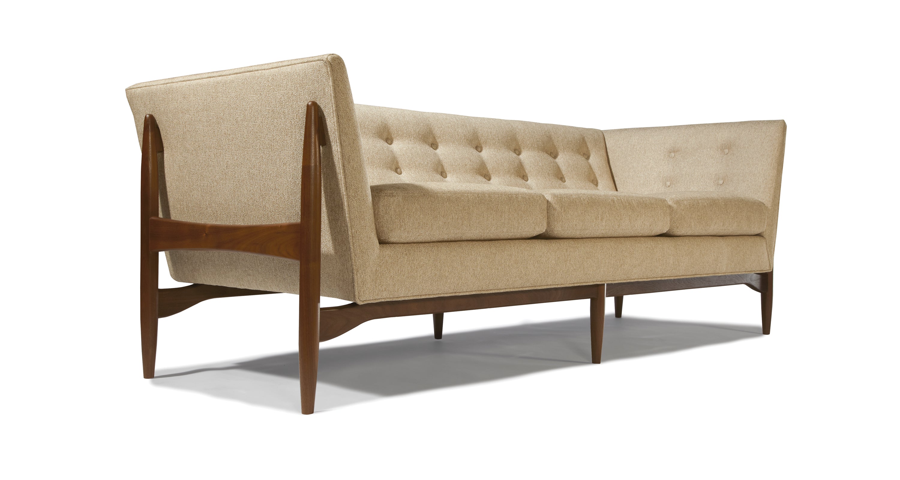 Button Up Sofa In Beige Fabric With Natural Walnut Base