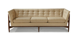 Button Up Sofa In Beige Fabric With Natural Walnut Base