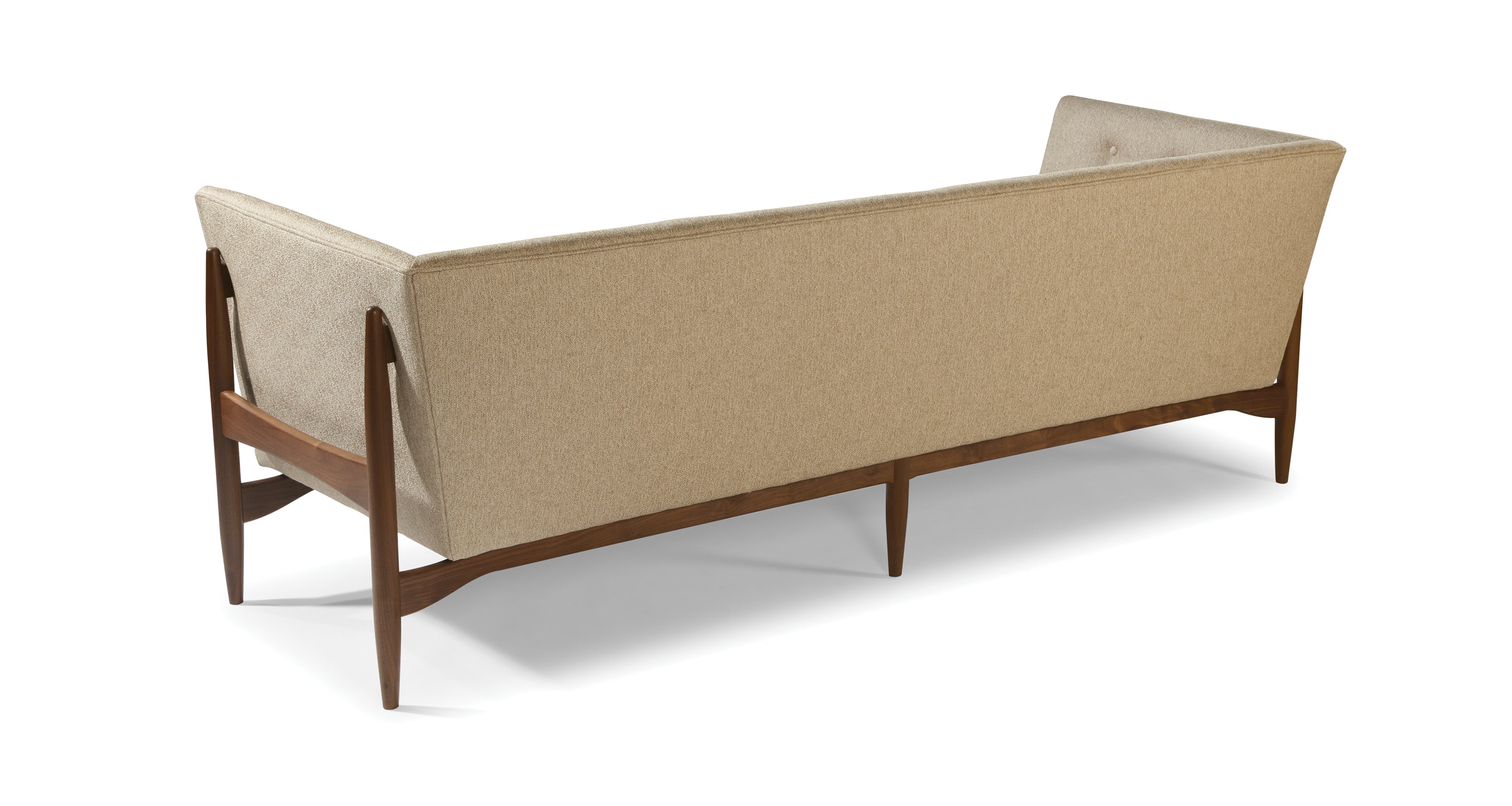 Button Up Sofa In Beige Fabric With Natural Walnut Base