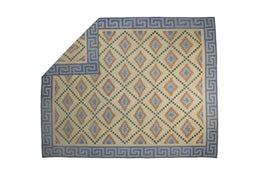 Vintage Dhurrie Rug In Cream With Blue Geometric Patterns