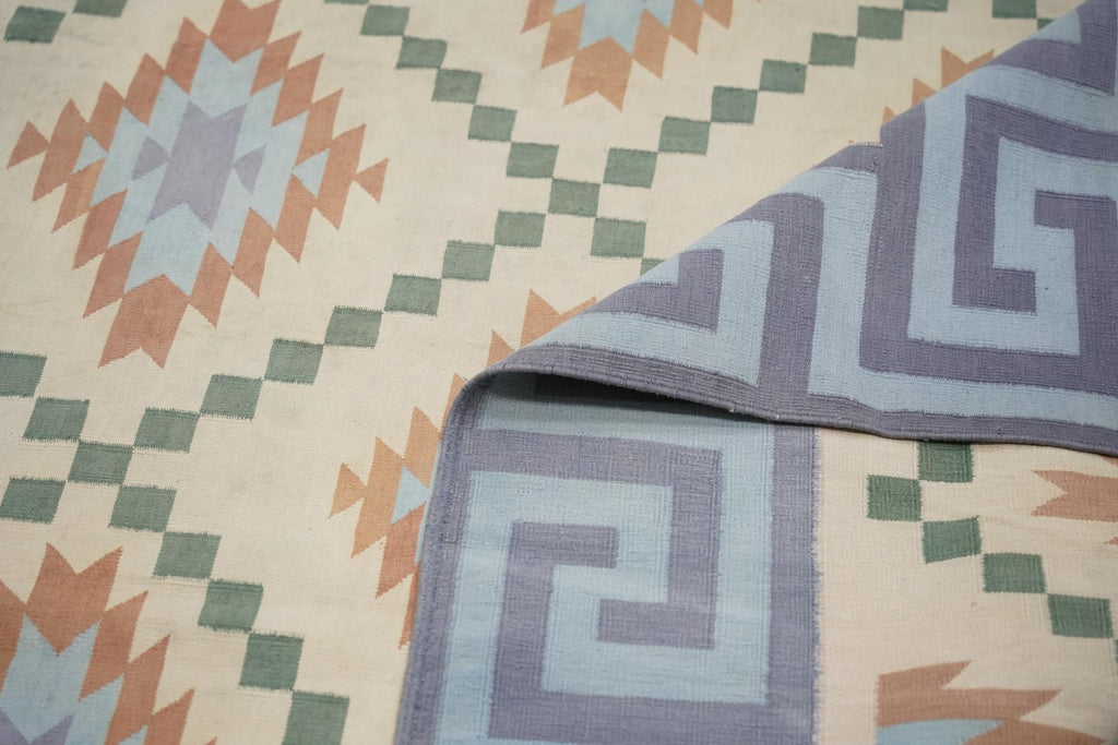 Vintage Dhurrie Rug In Cream With Blue Geometric Patterns