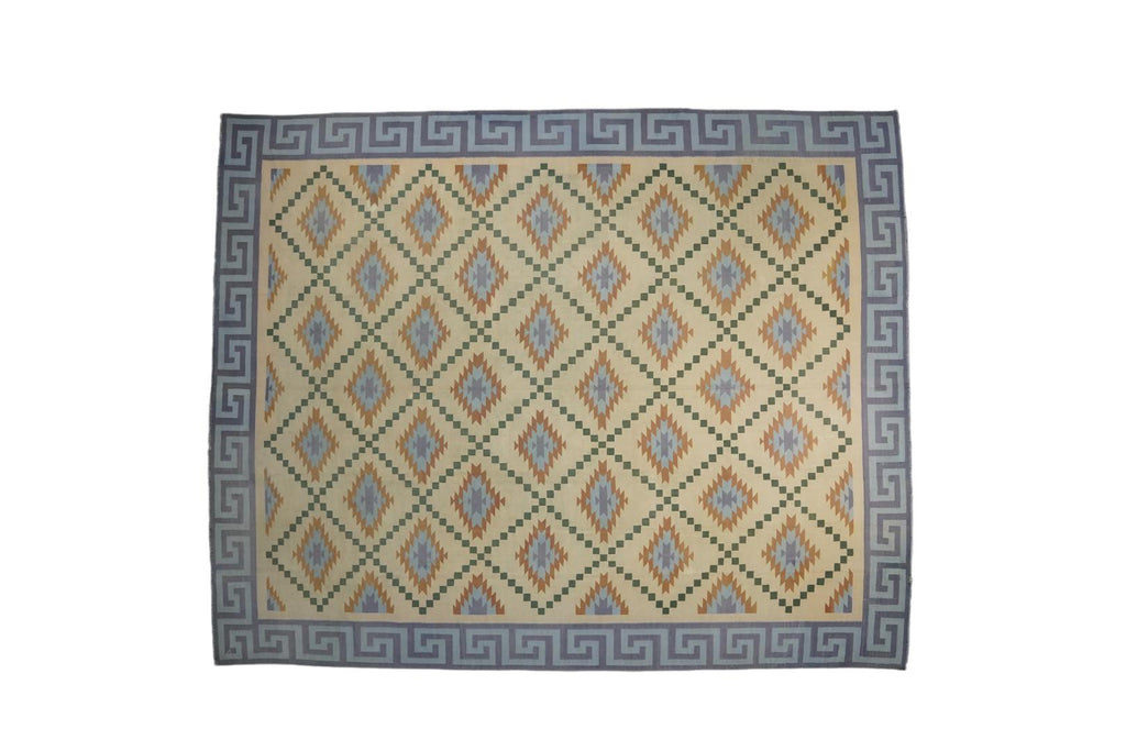 Vintage Dhurrie Rug In Cream With Blue Geometric Patterns