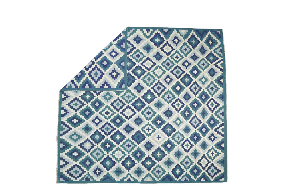 Vintage Dhurrie Rug In Teal Blue And White Geometric Pattern