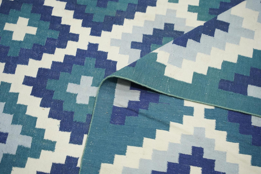 Vintage Dhurrie Rug In Teal Blue And White Geometric Pattern