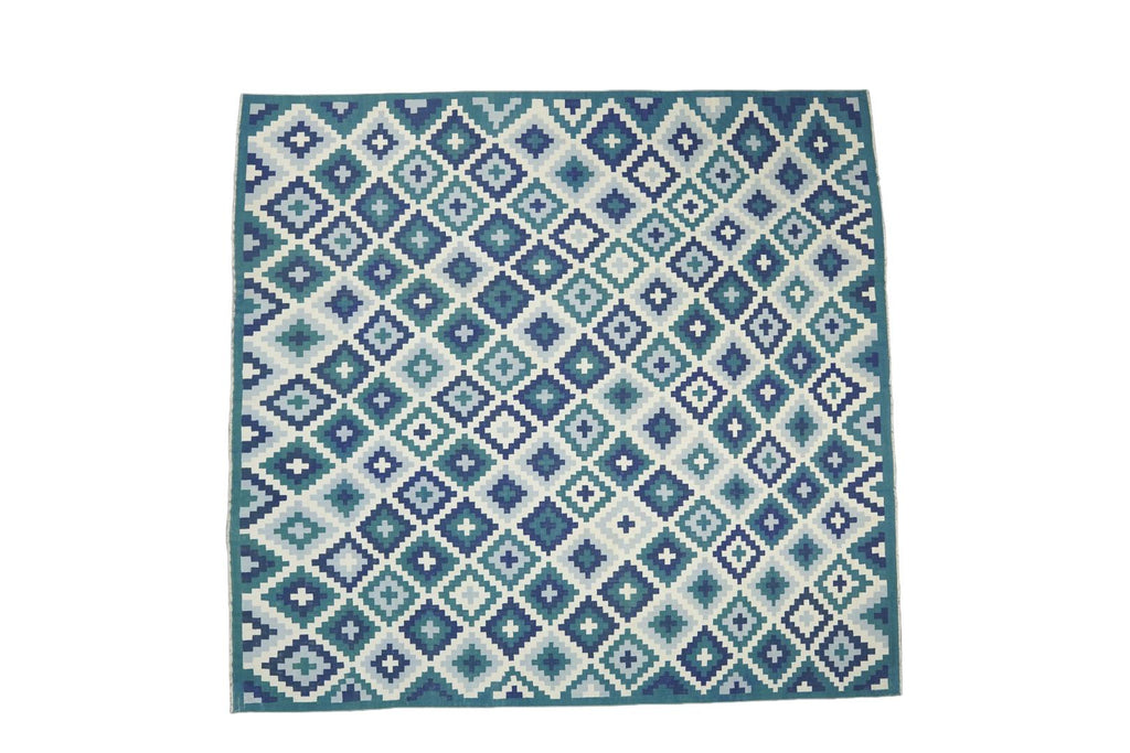 Vintage Dhurrie Rug In Teal Blue And White Geometric Pattern