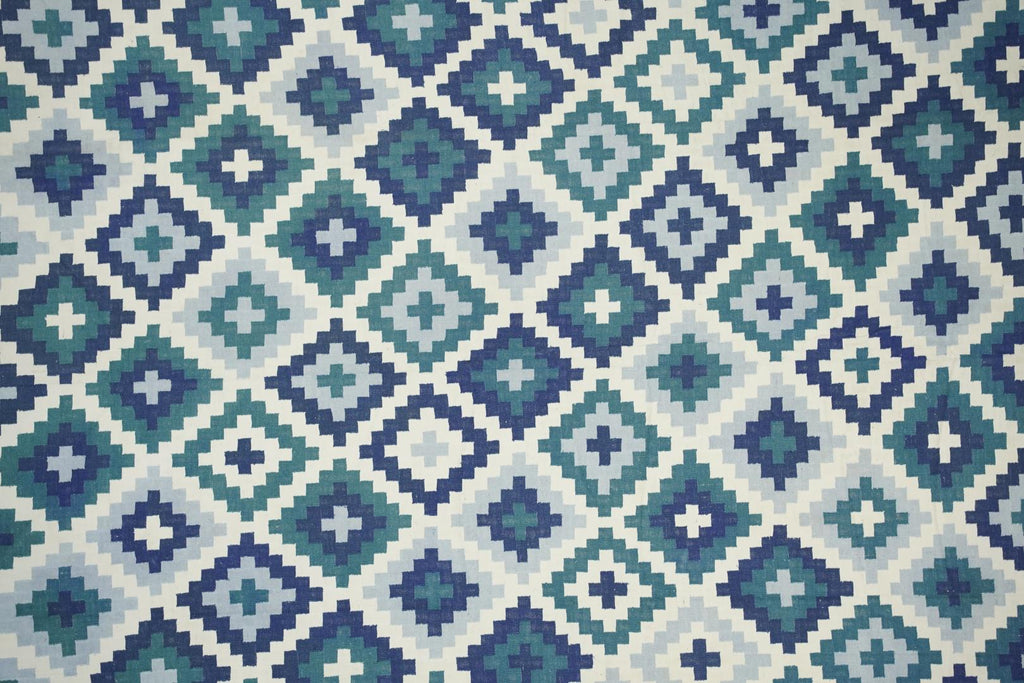 Vintage Dhurrie Rug In Teal Blue And White Geometric Pattern