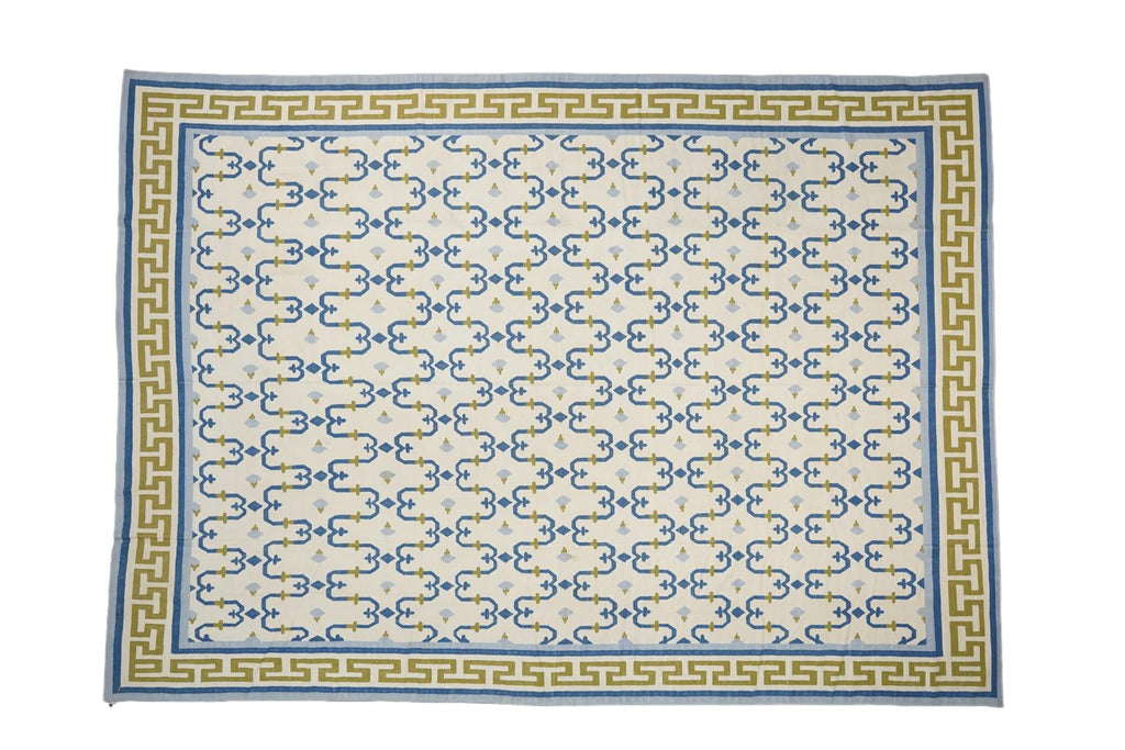 Vintage Dhurrie Rug With Blue And Gold Geometric Pattern