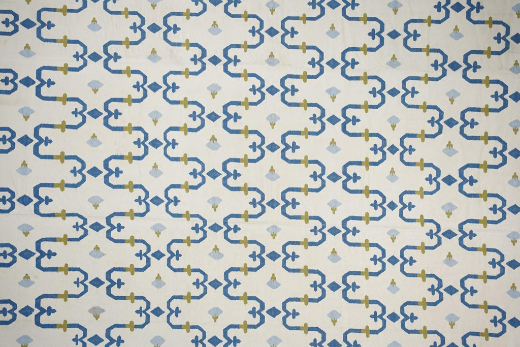 Vintage Dhurrie Rug With Blue And Gold Geometric Pattern