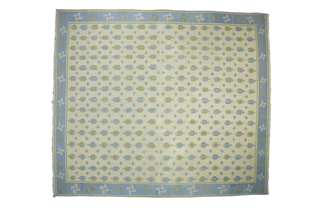 Beige Vintage Dhurrie Rug With Blue & Green Geometric Pattern