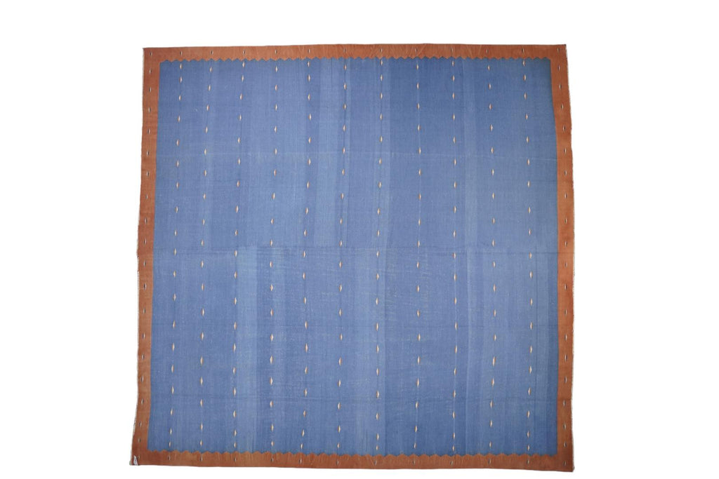 Vintage Dhurrie Square Rug In Blue With Geometric Patterns