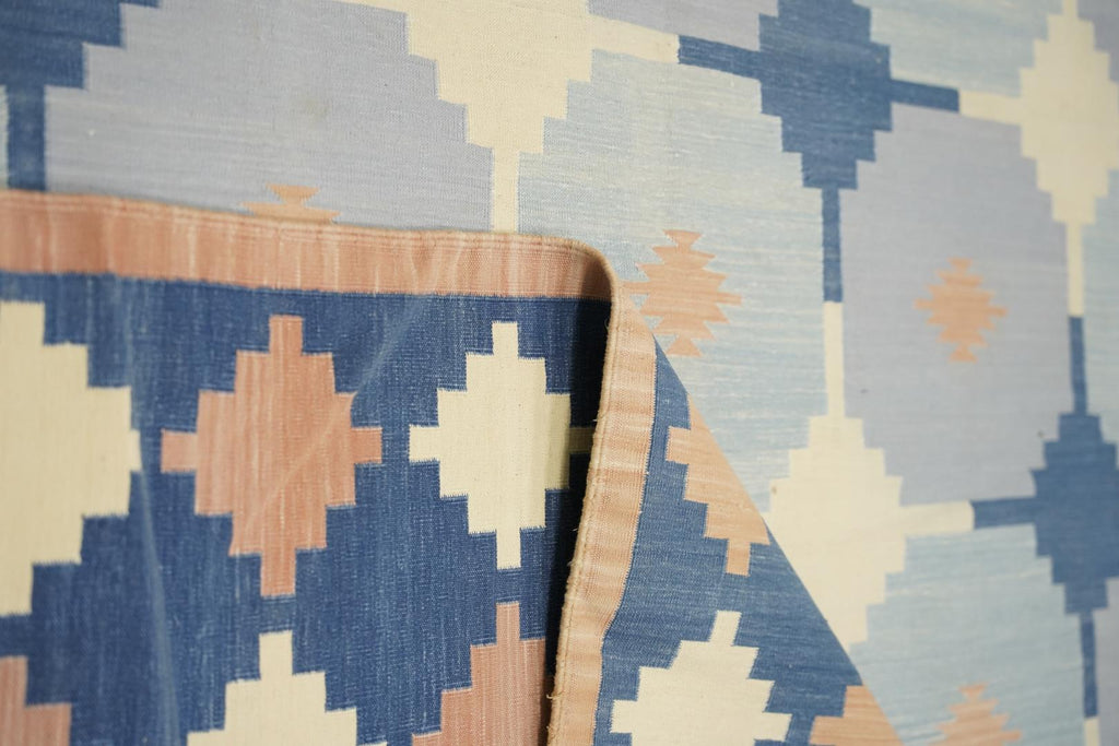 Vintage Dhurrie Rug In Blue And White Geometric Pattern