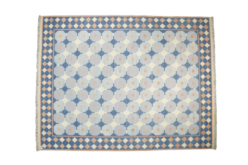 Vintage Dhurrie Rug In Blue And White Geometric Pattern