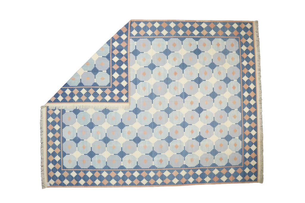 Vintage Dhurrie Rug In Blue And White Geometric Pattern