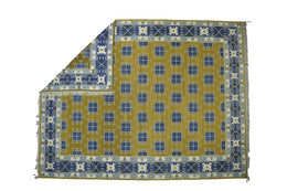 Vintage Dhurrie Rug In Gold And Blue Geometric Pattern