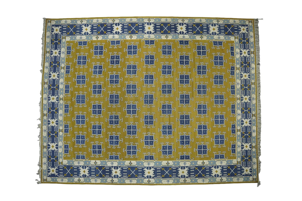 Vintage Dhurrie Rug In Gold And Blue Geometric Pattern