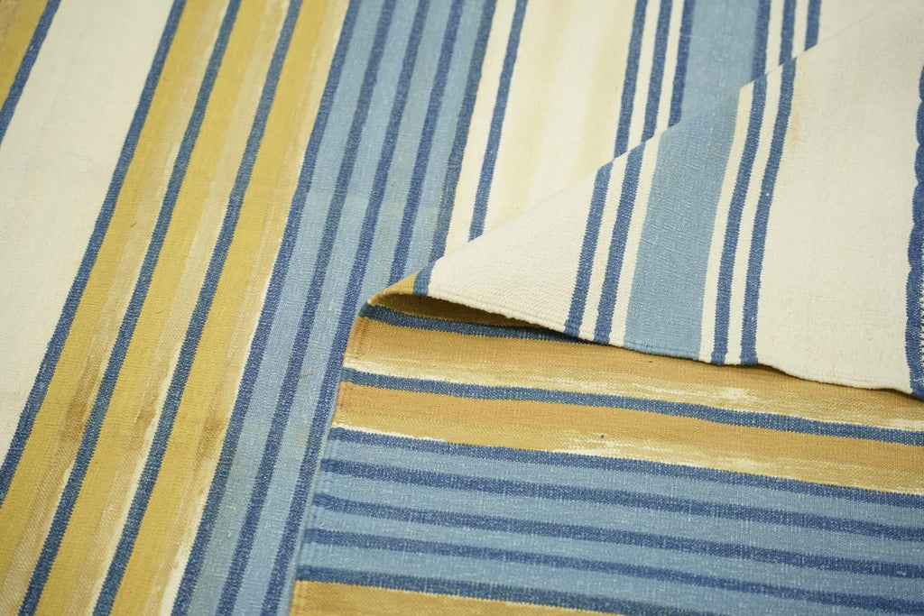 Vintage Dhurrie Rug With Blue Cream And Gold Geometric Stripes