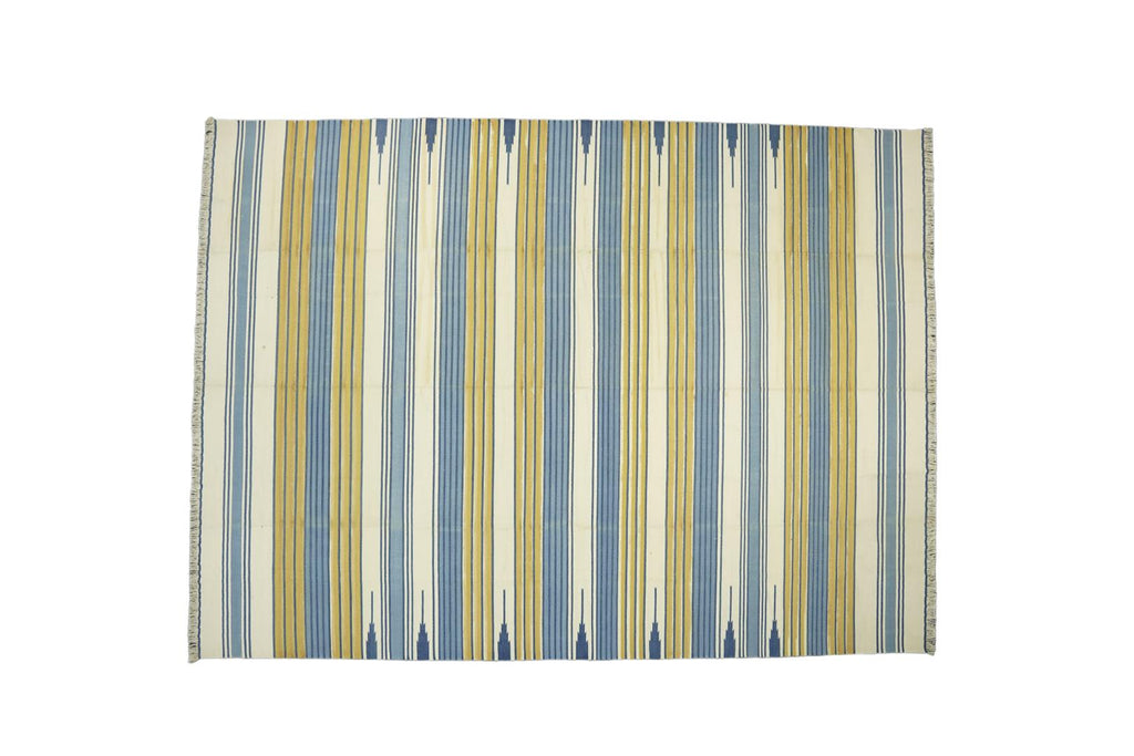 Vintage Dhurrie Rug With Blue Cream And Gold Geometric Stripes