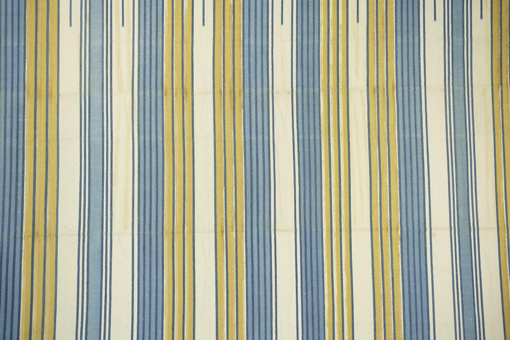 Vintage Dhurrie Rug With Blue Cream And Gold Geometric Stripes