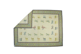 Vintage Dhurrie Rug In Cream And Blue With Animal Pictorials