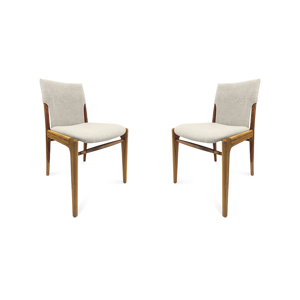 Tress Dining Chair in Linen Fabric and Teak Finish, Set of 2