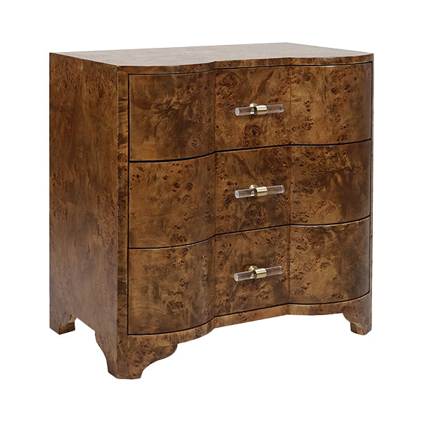 Three Drawer Side Table In Dark Burl Wood With Acrylic Hardware