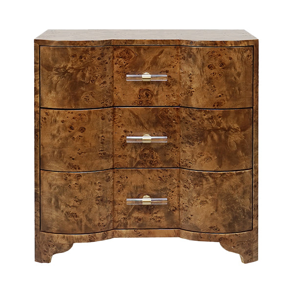 Three Drawer Side Table In Dark Burl Wood With Acrylic Hardware