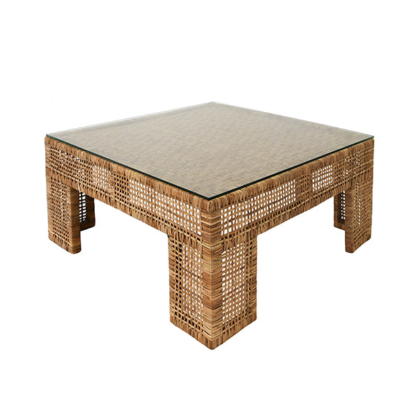 Wide Leg Rattan Coffee Table With Glass Top