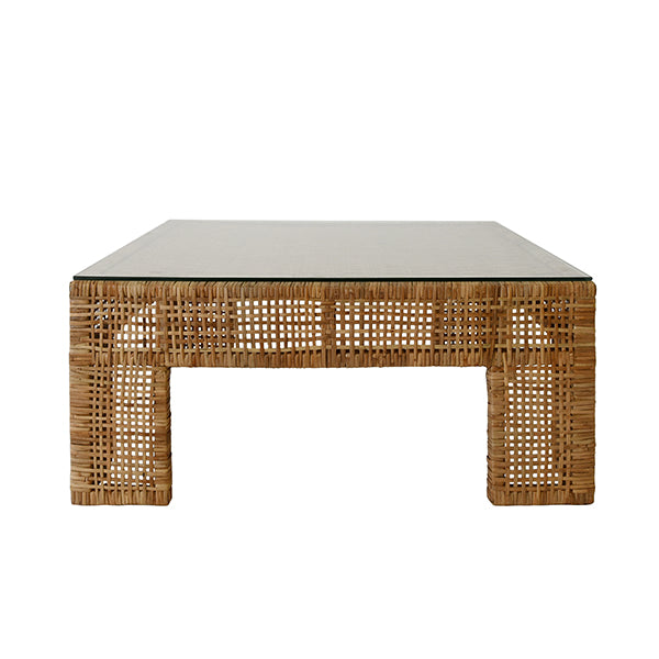 Wide Leg Rattan Coffee Table With Glass Top