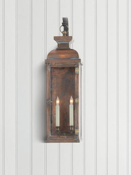 Suffork Tall Scroll Arm Lantern, Natural Copper With Clear Glass Shade