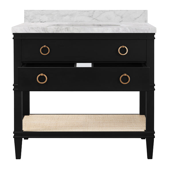 Bath Vanity In Matte Black Lacquer With Open Cane Shelf