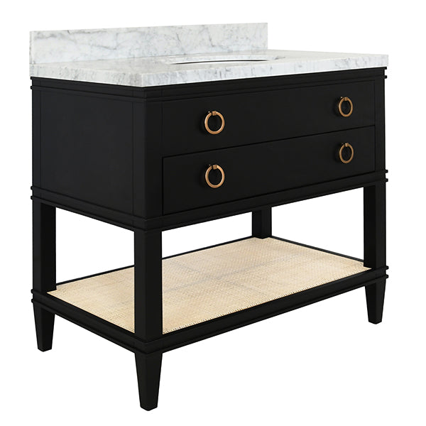 Bath Vanity In Matte Black Lacquer With Open Cane Shelf