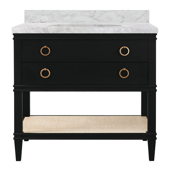 Bath Vanity In Matte Black Lacquer With Open Cane Shelf