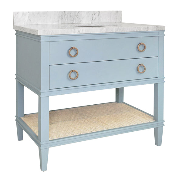 Bath Vanity In Matte Light Blue Lacquer With Open Cane Shelf