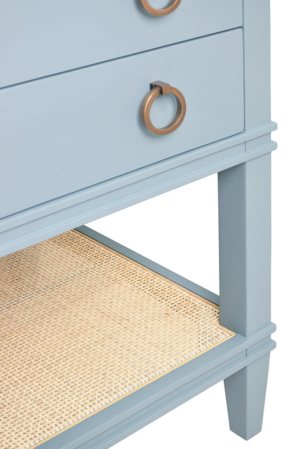 Bath Vanity In Matte Light Blue Lacquer With Open Cane Shelf