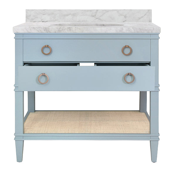 Bath Vanity In Matte Light Blue Lacquer With Open Cane Shelf