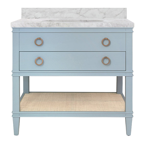 Bath Vanity In Matte Light Blue Lacquer With Open Cane Shelf