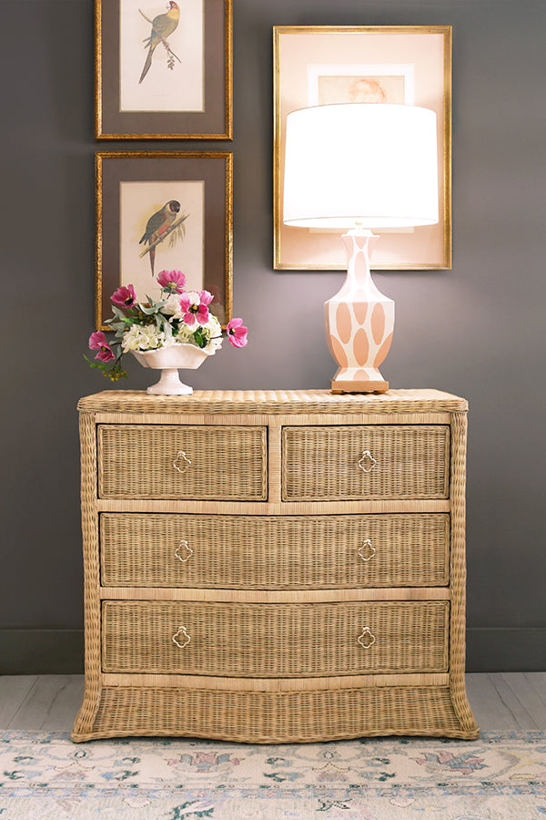 Four Drawer Chest In Woven Rattan With Satin Brass Pulls