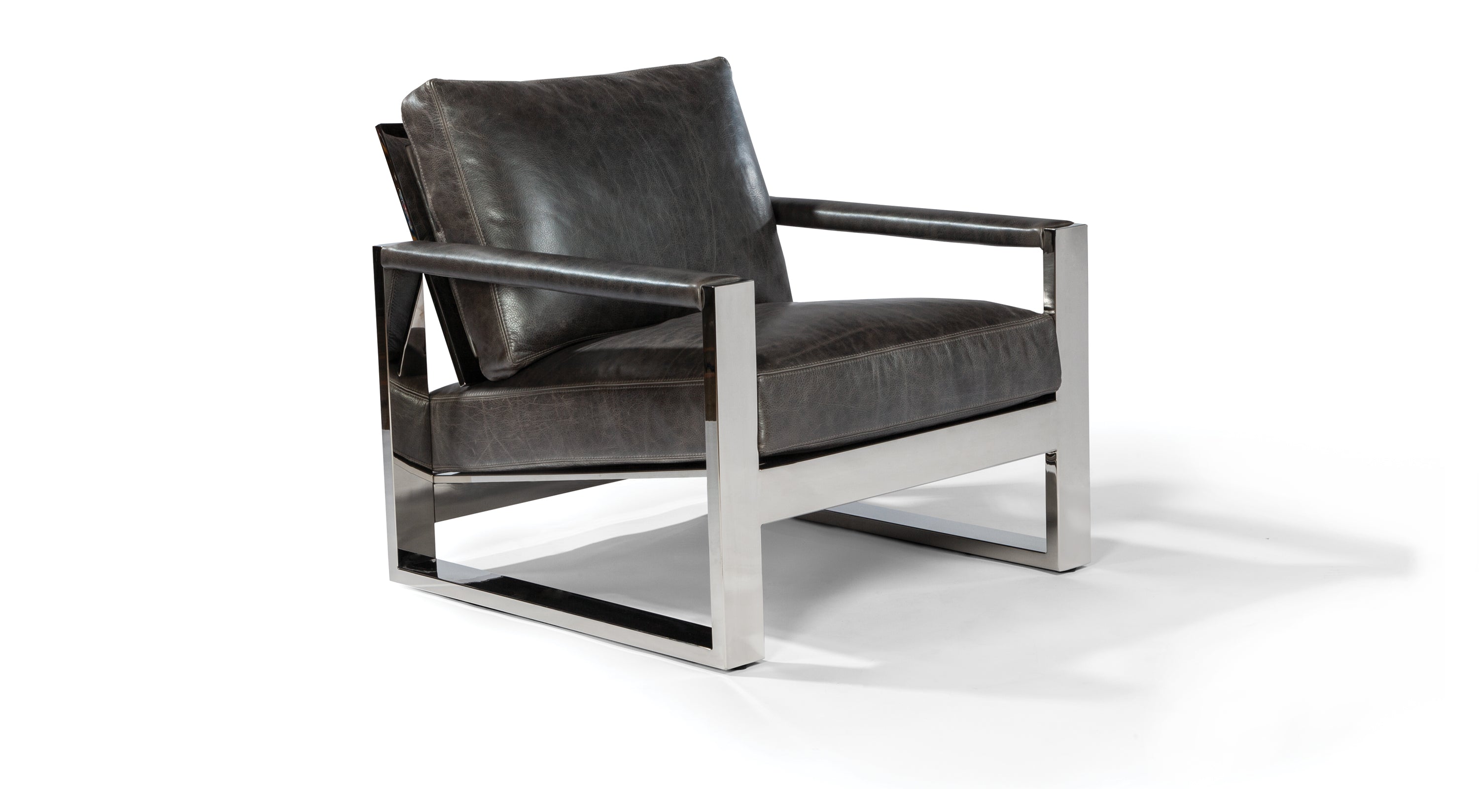 Chunky Milo Lounge Chair In Gray Leather With Polished Stainless Steel Frame