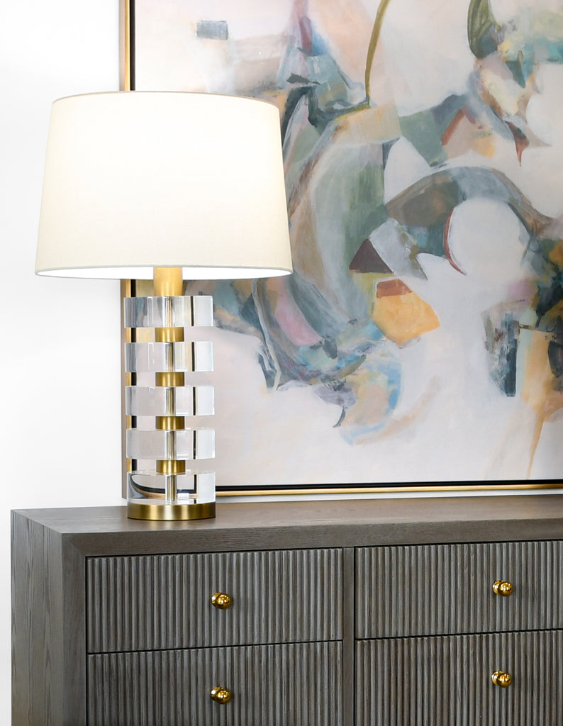 Acrylic And Brushed Brass Stack Lamp With White Linen Shade