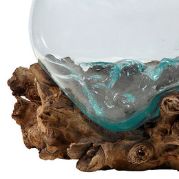 Cristov Natural Teak and Hand Blown Aqua Transparent Glass Tabletop Bowl