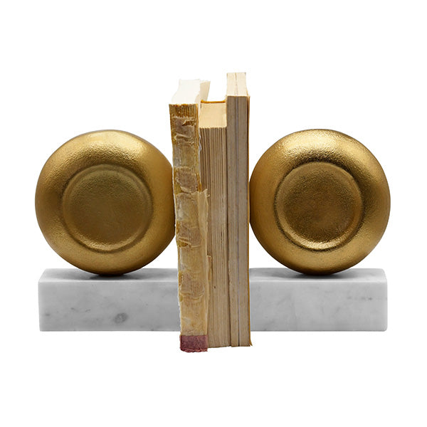 Disk Shaped Textured Brass Metal Bookend With Square White Marble Base