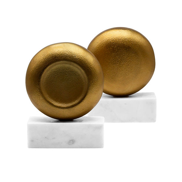 Disk Shaped Textured Brass Metal Bookend With Square White Marble Base