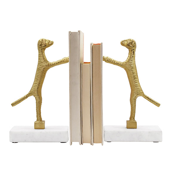 Pair Of Dog Bookends In Brass Finish On White Marble Base