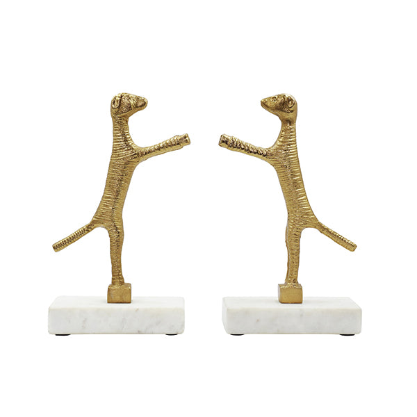 Pair Of Dog Bookends In Brass Finish On White Marble Base