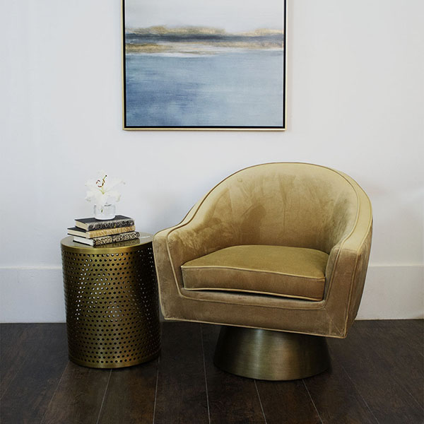 Swivel Chair With Bronze Base In Camel Velvet